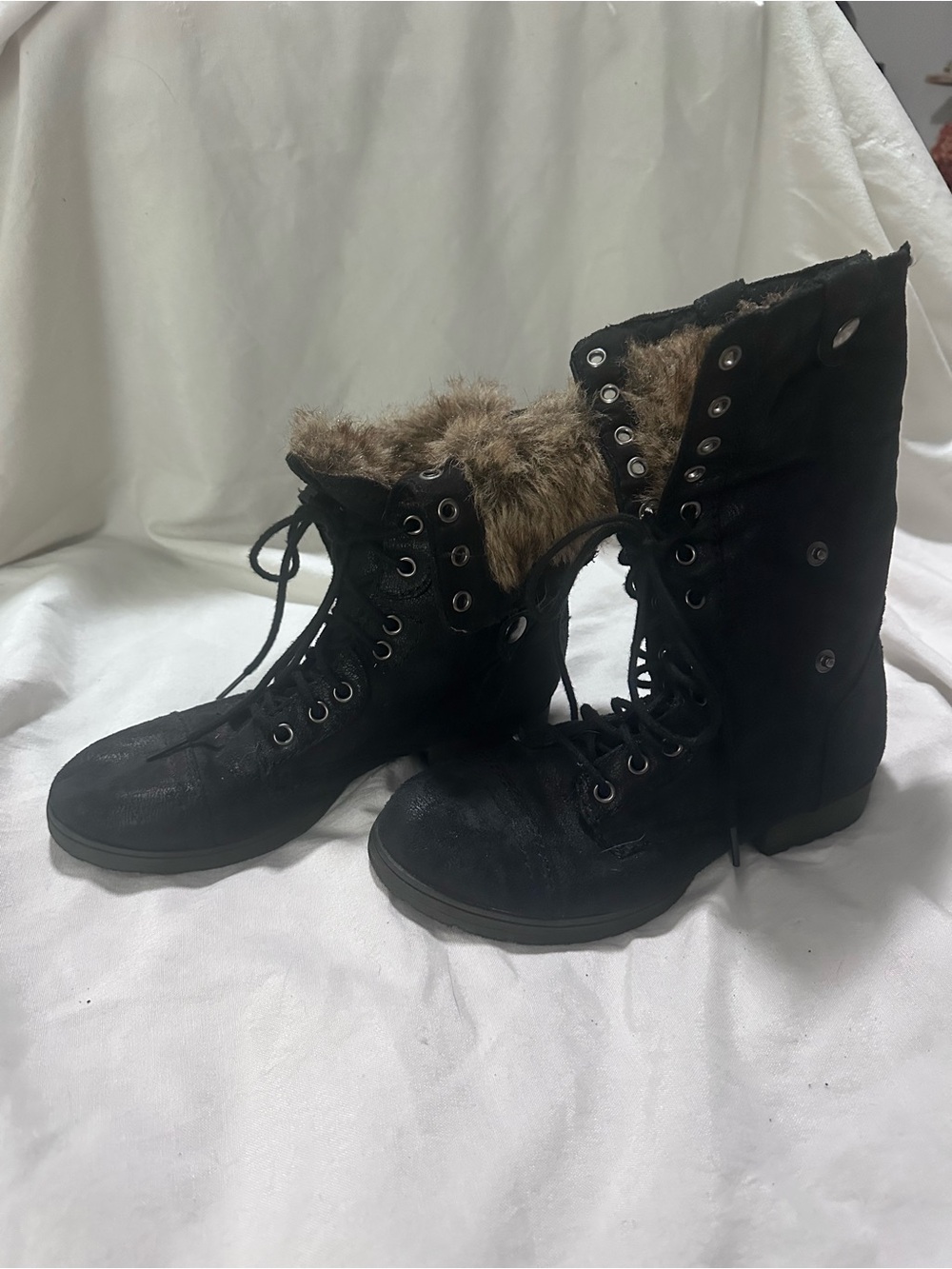 JustFab Black Lace-Up Faux-Fur Fold Down Combat Boots